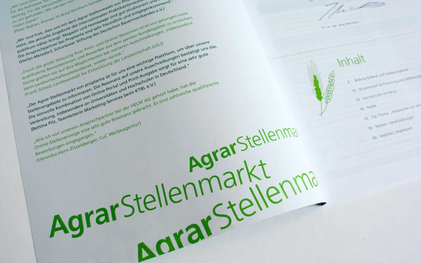 Magazininnenseite "AgrarStellenmarkt" in grüner Schrift.