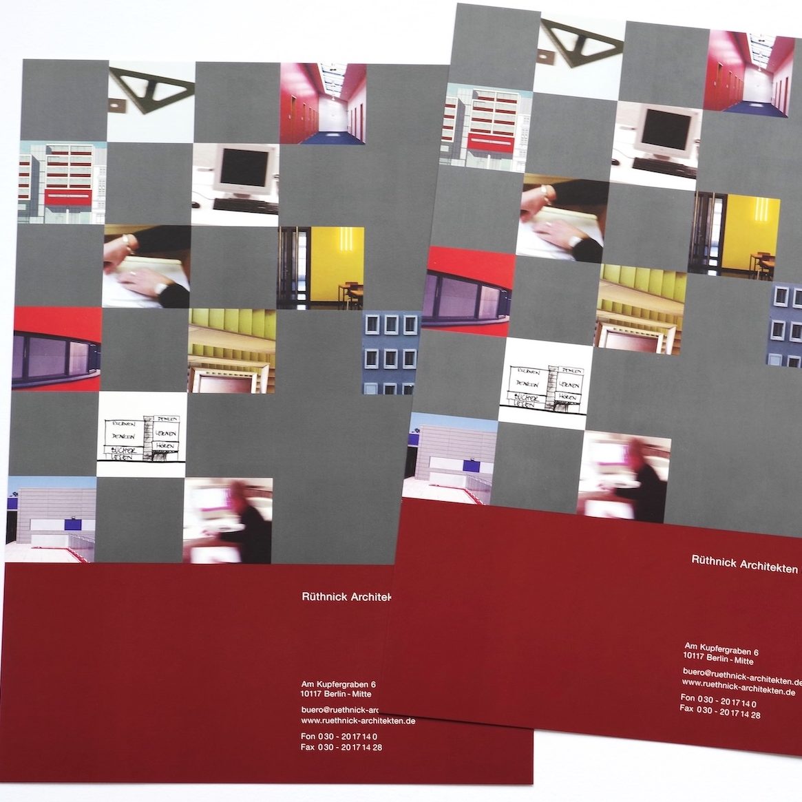 Broschüren-Raster mit modernen, grafischen Layout und technischen Illustrationen.