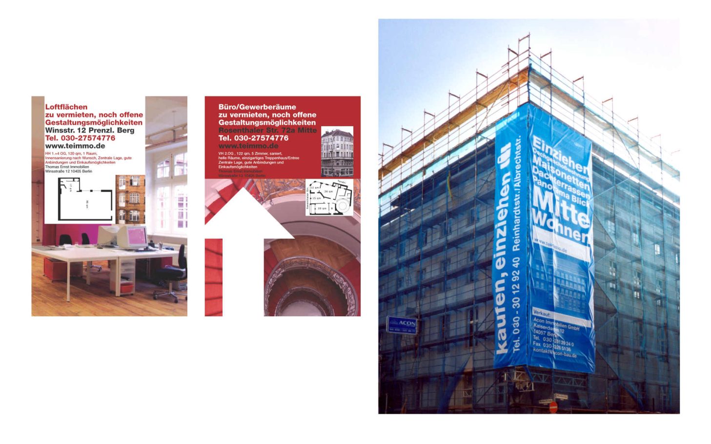 Baugebäude mit Werbebanner und Informationsschildern in rot und blau.