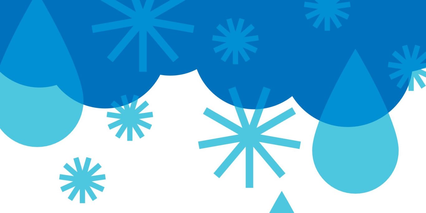 Blaue Wolken mit Wassertropfen und Schneeflocken grafisch gezeichnet.