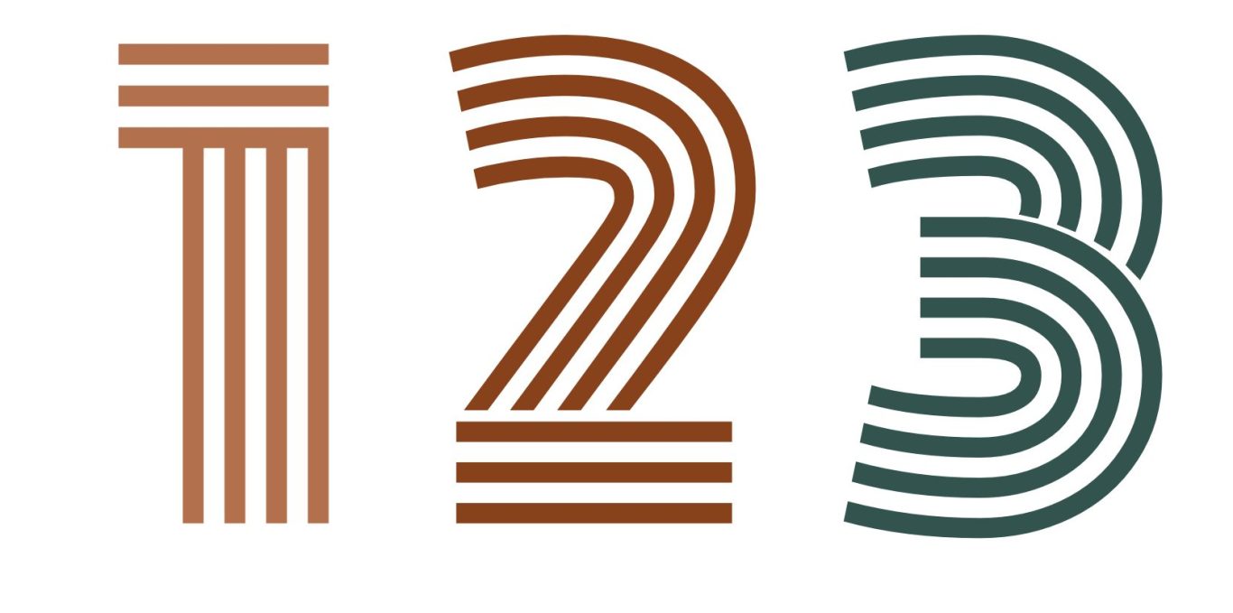 Wir entwickeln Zeichen, Marken und Orientierungssysteme mit Charakter Zahlen von 1 bis 3 in verschiedenen Farben und Linienmuster dargestellt.