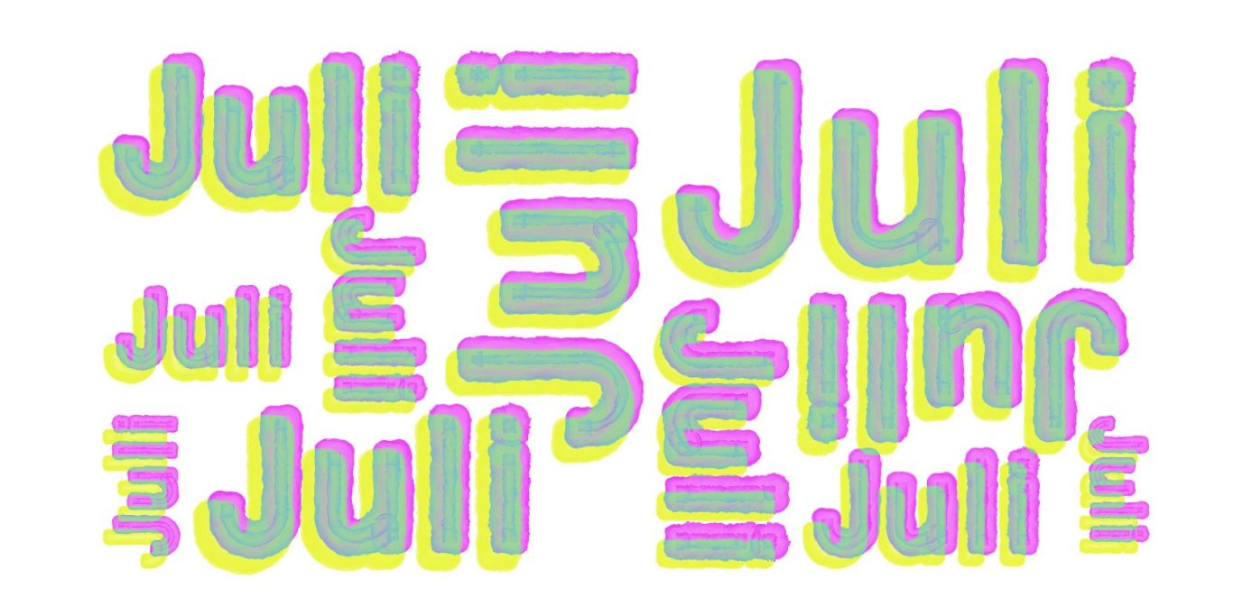 Bunten Schrift mit Umrandung die das Wort "Juli" variieren.