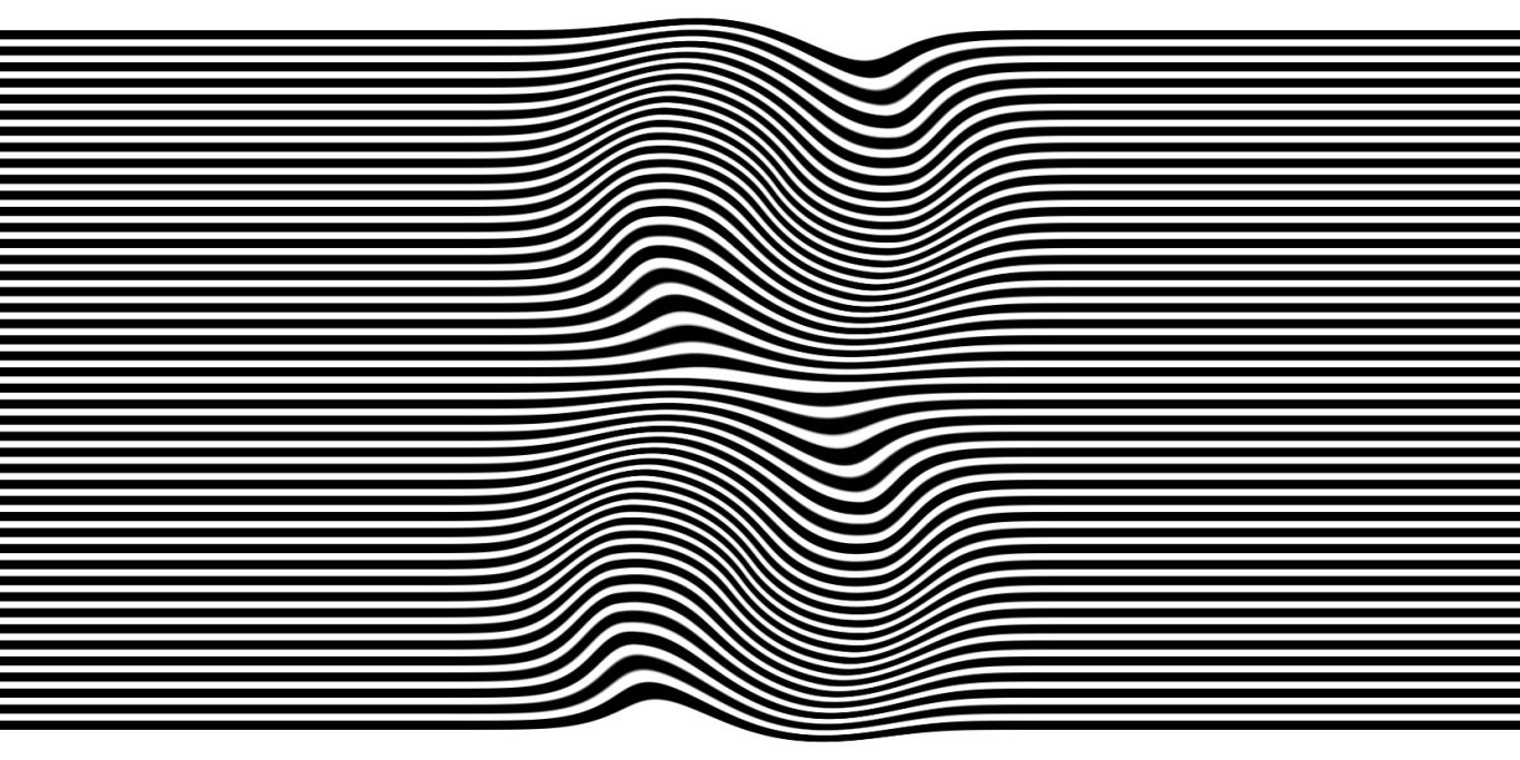 Schwarz-weiße Wellenmuster mit alternierenden Linien und unterschiedlichen Abständen.