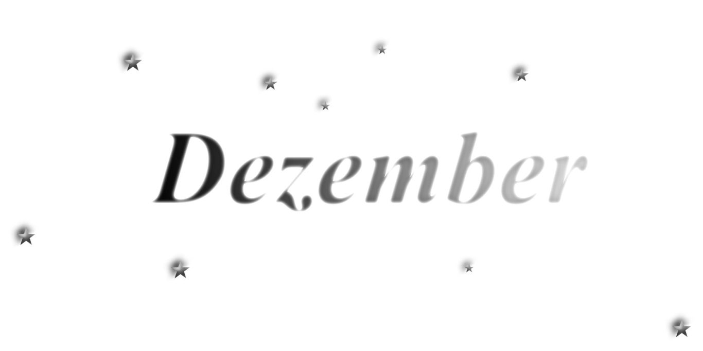 Text "Dezember" in eleganter Schrift, umgeben von kleinen Sternen.